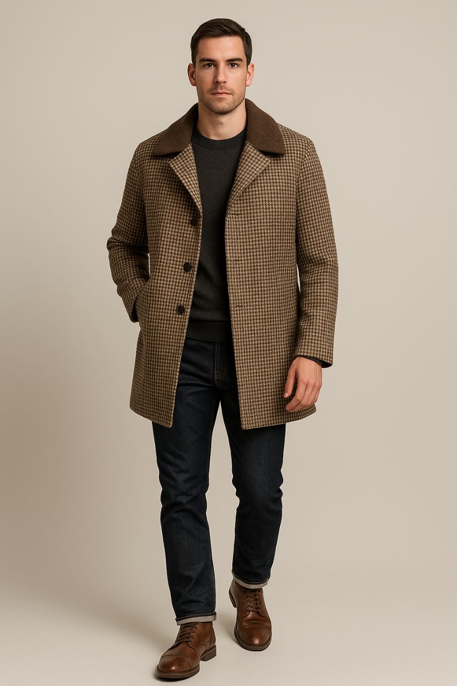 Wool Herringbone Shearling Coat